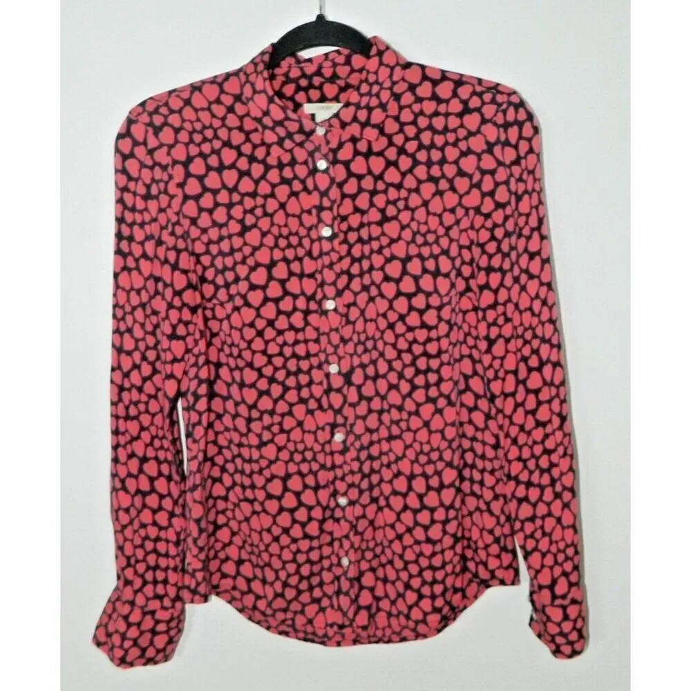 J. Crew Blouse Size 0 Silk Black Pink Button Front Pink Heart Print - Picture 3 of 9